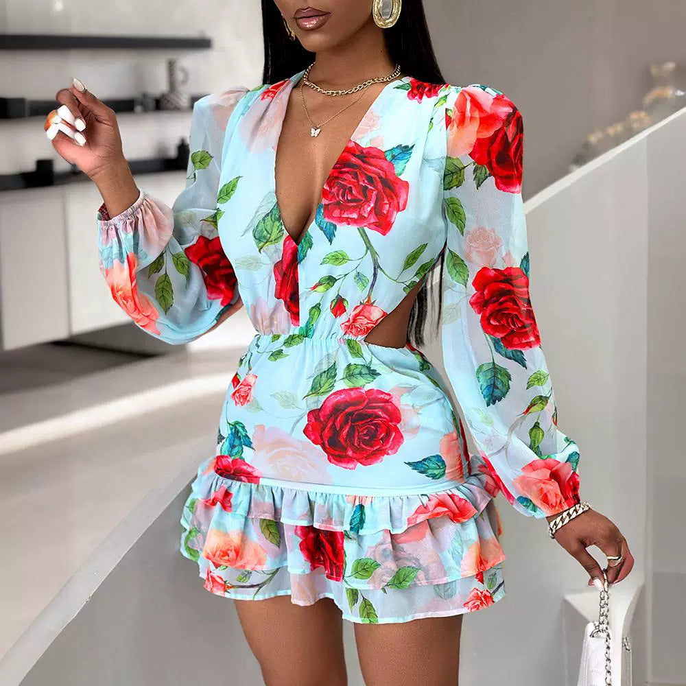 Fashion Hollow Out Printed Dress